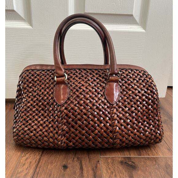 TALBOTS Vintage Brown Leather Woven Zip Top Handle Doctor's Bag Purse Satchel - Picture 3 of 15